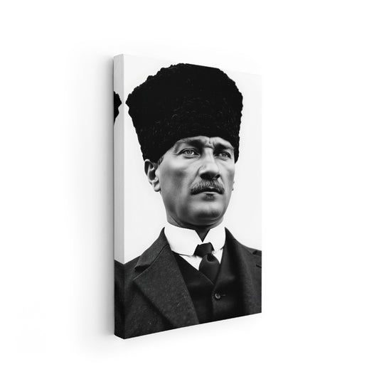 Kanvas Dikey Duvar Tablosu Kanvas Siyah Beyaz Atatürk Kalpaklı Ev Ofis Salon Modern Duvar Tablosu
