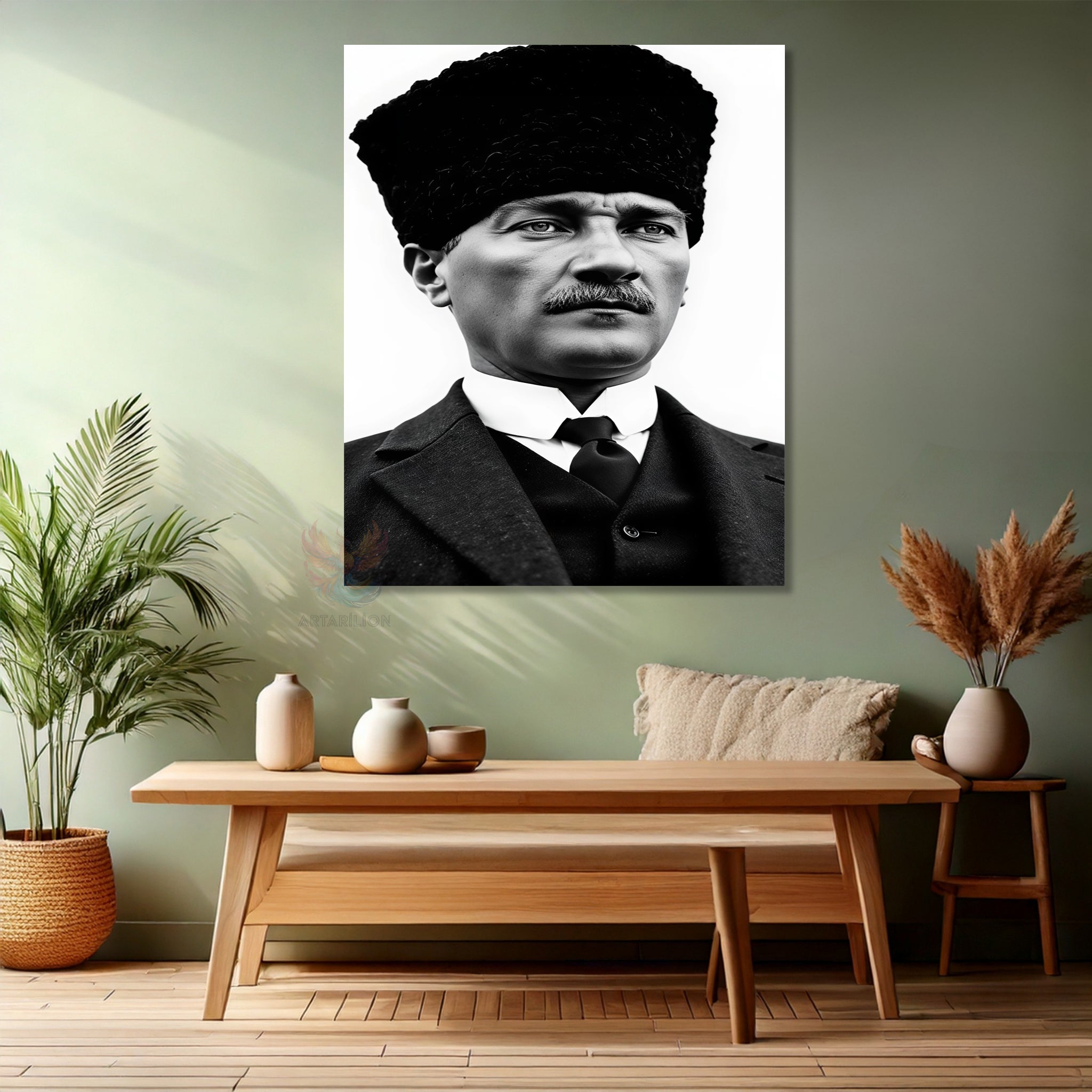 Siyah Beyaz Atatürk Kalpaklı Modern Dikey Kanvas Tablo
