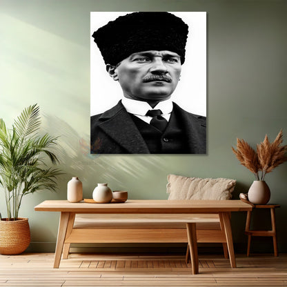 Kanvas Dikey Duvar Tablosu Kanvas Siyah Beyaz Atatürk Kalpaklı Ev Ofis Salon Modern Duvar Tablosu