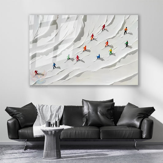 Glass Horizontal Wall Art Abstract Skiers Home Office Living Room Modern Wall Art