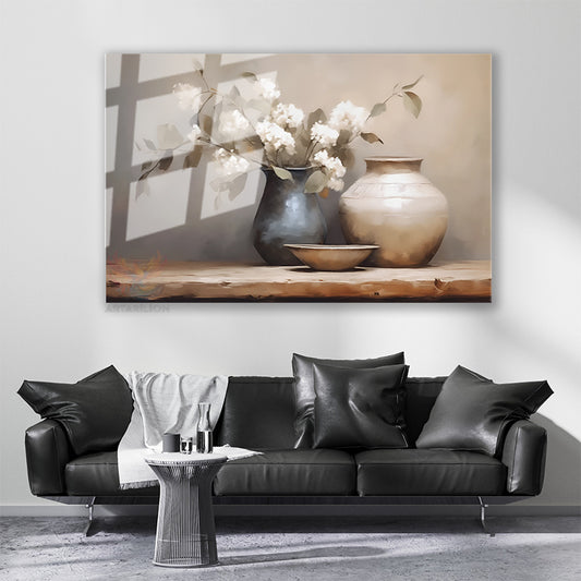 Cam Yatay Duvar Tablosu Cam Vazoda Beyaz Cicekeler4 Ev Ofis Salon Modern Duvar Tablosu