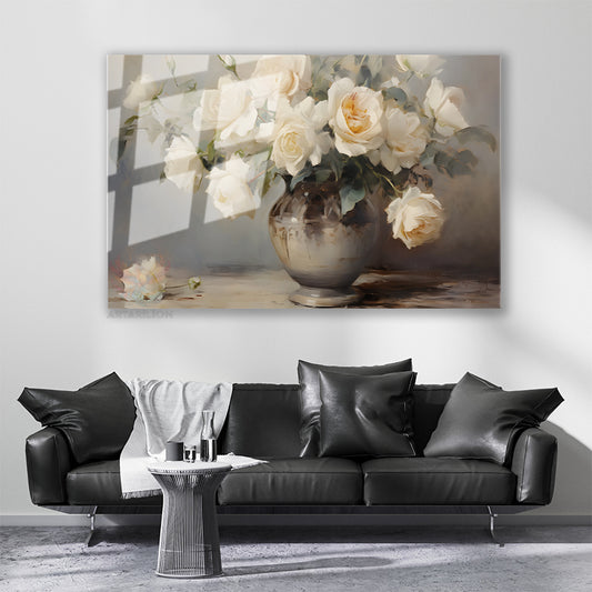 Cam Yatay Duvar Tablosu Cam Vazoda Beyaz Guller2 Ev Ofis Salon Modern Duvar Tablosu
