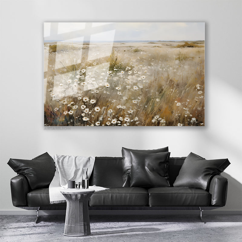 Vintage Papatyalar Modern Yatay Cam Tablo