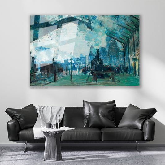 Glass Horizontal Wall Art, Vintage Glass Train Station, Home Office Living Room Modern Wall Art