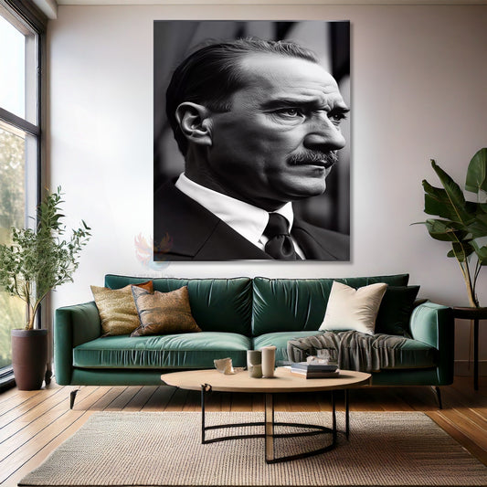 Kanvas Dikey Duvar Tablosu Kanvas Yandan Portre Siyah Beyaz Atatürk Ev Ofis Salon Modern Duvar Tablosu