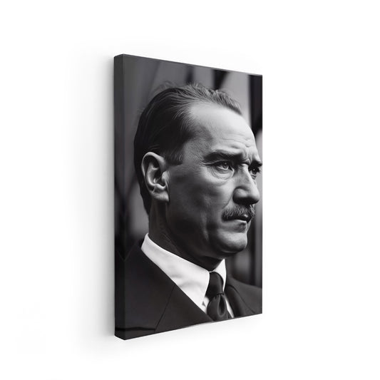 Kanvas Dikey Duvar Tablosu Kanvas Yandan Portre Siyah Beyaz Atatürk Ev Ofis Salon Modern Duvar Tablosu
