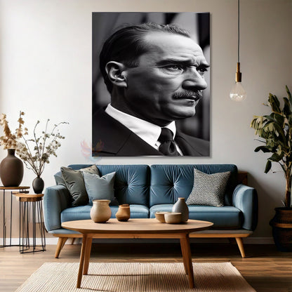 Kanvas Dikey Duvar Tablosu Kanvas Yandan Portre Siyah Beyaz Atatürk Ev Ofis Salon Modern Duvar Tablosu