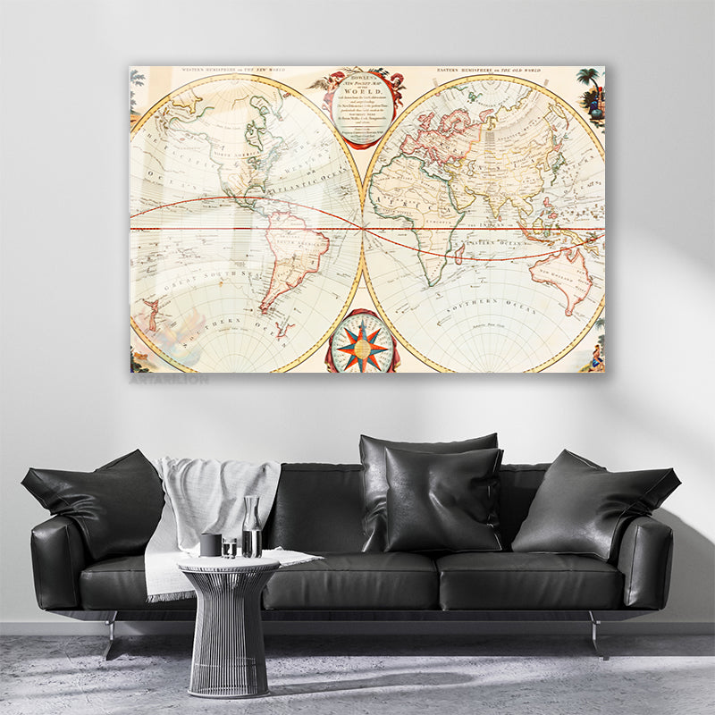 Glass Horizontal Wall Art, Glass New World Map, Home Office Living Room Modern Wall Art