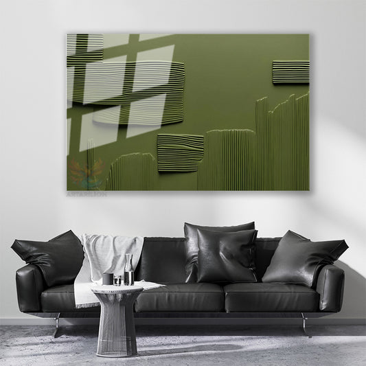 Cam Yatay Duvar Tablosu Cam Yesil Cizgiler Ev Ofis Salon Modern Duvar Tablosu
