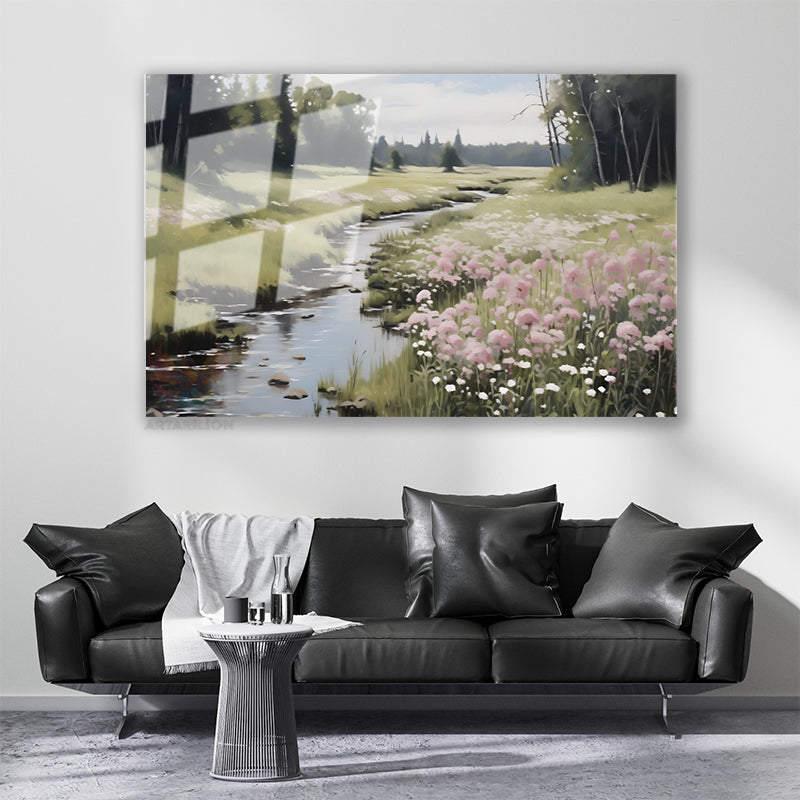 Glass Horizontal Wall Art, Glass Green Nature Landscape 2, Home Office Living Room Modern Wall Art