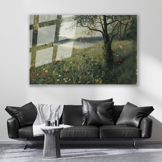 Cam Yatay Duvar Tablosu Cam Yesil Doga Manzarasi3 Ev Ofis Salon Modern Duvar Tablosu