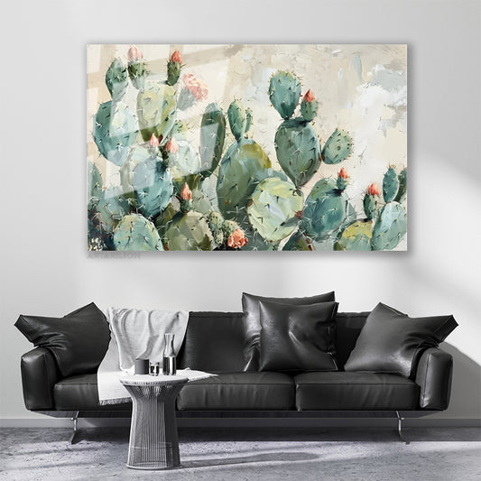 Cam Yatay Duvar Tablosu Cam Yesil Kaktusler Ev Ofis Salon Modern Duvar Tablosu