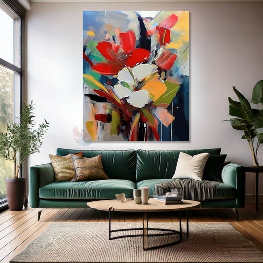 Kanvas Duvar Tablosu Soyut Çiçekler Yağlı Boya Görünümlü Dijital Baskı Salon Tablosu Modern Tablo
